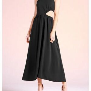 Elegant Black Textured Solid Cut Out One Shoulder Midi Dress. NEW